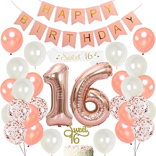 JOYMEMO 16. Geburtstag Dekorationen für Mädchen Sweet 16 Tortenaufsatz und Satinschärpe, Roségold Nummer 16 Luftballons, Konfetti Luftballons und Happy Birthday Banner für Sixteen Partyzubehör von JOYMEMO
