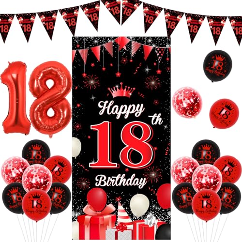 JOYMEMO Rot Schwarz 18. Geburtstag Dekorationen Mädchen Junge, 18. Meilenstein Geburtstag Tür Banner Abdeckung, Dreieck Fahnen und Latex gedruckt Konfetti Ballons, achtzehn Geburtstag Party Supplies von JOYMEMO