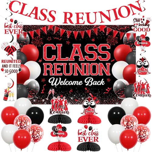 JOYMEMO Rote und schwarze Dekorationen für Klassentreffen – Hintergrundbanner, Reunited and It Feels so Good Hängende Wirbel, Best Class Ever Waben-Mittelstücke, Luftballons für die Grundschule von JOYMEMO