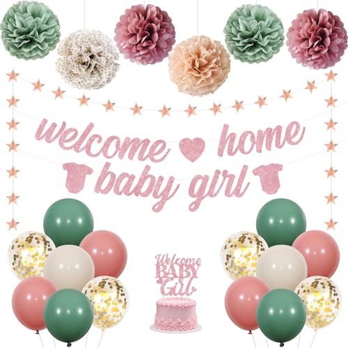 JOYMEMO Salbeigrüne und rosa Babyparty-Dekorationen – Willkommen zu Hause Baby Mädchen Banner Set Papier Pom Poms Stern hängende Dekor Latexballons und Tortenaufsatz für Kinderzimmer Geschlecht von JOYMEMO