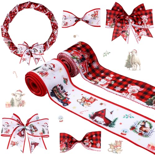 JOYMEMO Schleifenband mit Weihnachtsmotiv, Bauernhoftiere, 6,3 cm, Rot, Bauernhof, Kuh, Pferd, Schaf, LKW, Schneeflocke, kariert, Drahtrand, Bänder für Geschenkverpackungen, Kränze, Schleife, Baum JOYMEMO Schleifenband mit Weihnachtsmotiv, Bauernhoftiere, 6,3 cm, Rot, Bauernhof, Kuh, Pferd, Schaf, LKW, Schneeflocke, kariert, Drahtrand, Bänder für Geschenkverpackungen, Kränze, Schleife, Baum von JOYMEMO