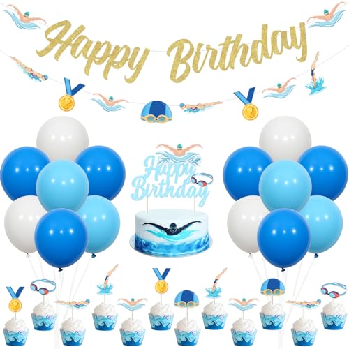 JOYMEMO Schwimmen Geburtstag Party Dekorationen - Schwimmen alles Gute zum Geburtstag Banner Girlande, Kuchen Topper mit Swim Themed Cupcake Toppers, Schwimmbad Party Supplies von JOYMEMO