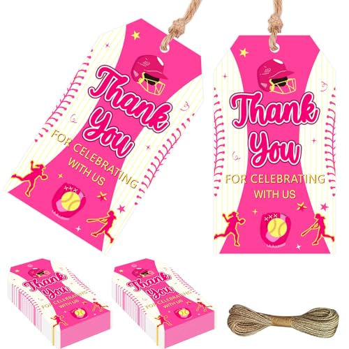 JOYMEMO Softball-Themen-Dankeschön-Etiketten mit Schnur, Softball-Geburtstagsdekorationen für Mädchen, Dankeschön, für das Feiern mit uns, personalisierte Papieretiketten, Partyzubehör, 50 Stück JOYMEMO Softball-Themen-Dankeschön-Etiketten mit Schnur, Softball-Geburtstagsdekorationen für Mädchen, Dankeschön, für das Feiern mit uns, personalisierte Papieretiketten, Partyzubehör, 50 Stück von JOYMEMO