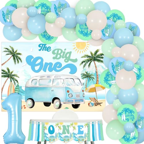 JOYMEMO Surf 1. Geburtstag Dekorationen für Jungen Mädchen - Blau und Grün The Big One Surf Geburtstag Ballongirlande mit Hochstuhl Banner, Strand Surfen ersten Geburtstag Party von JOYMEMO