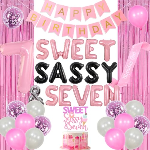 JOYMEMO Sweet Sassy and Seven Birthday Decorations Girl, Pink Sweet Seven Birthday Party Supplies with Donut Ice Cream 7. Birthday Cake Topper, Birthday Girl Sash, Birthday Banner, Lametta Curtain von JOYMEMO