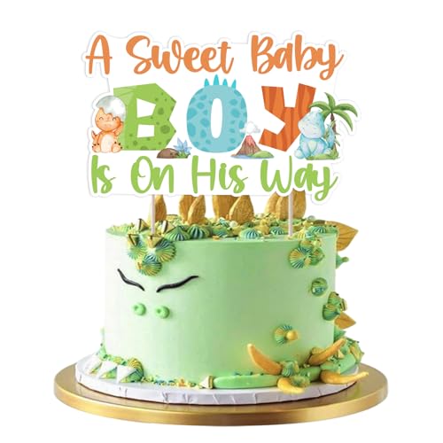 JOYMEMO Tortenaufsatz mit Aufschrift "A Sweet Baby Boy Is On His Way" – schlüpfender Dinosaurier-Babyparty-Dekorationen, doppelseitiges Papier, Rawr It's A Boy, Kuchendekoration für JOYMEMO Tortenaufsatz mit Aufschrift "A Sweet Baby Boy Is On His Way" – schlüpfender Dinosaurier-Babyparty-Dekorationen, doppelseitiges Papier, Rawr It's A Boy, Kuchendekoration für von JOYMEMO
