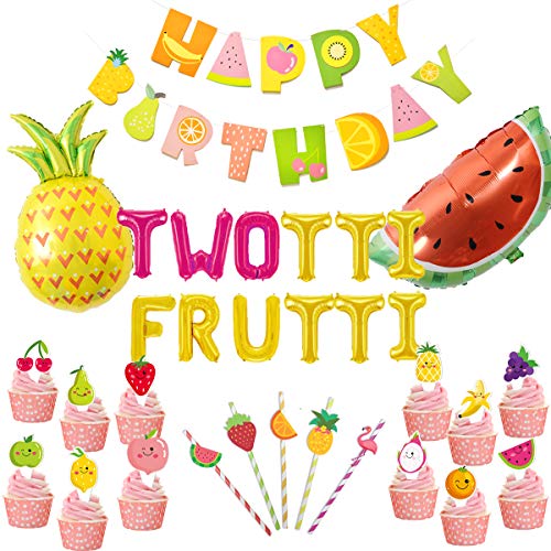 JOYMEMO Twotti Fruity Geburtstagsdeko Partyzubehör Twotti Frutti Luftballons, Fruchtkuchendeckel Papierstrohhalme Ananas Wassermelonen-Luftballons Sommer 2. Tutti Frutti Geburtstagsfeier von JOYMEMO