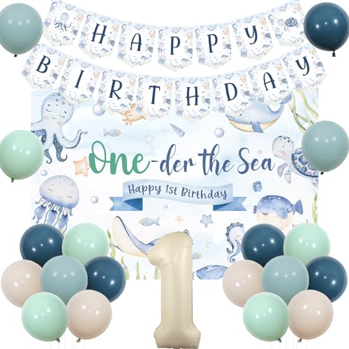JOYMEMO Under the Sea 1st Birthday Party Decorations for Boys Ocean Theme One-der the Sea Backdrop Set with Underwater World Banner Retro Balloons for Marine Animals One Year Old Party Decor von JOYMEMO
