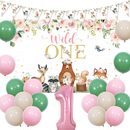 JOYMEMO Woodland 1. Geburtstag Dekorationen für Mädchen - Wild One Birthday Hintergrund Woodland Creatures Wimpel Banner Pink Forest Animals Party Supplies von JOYMEMO