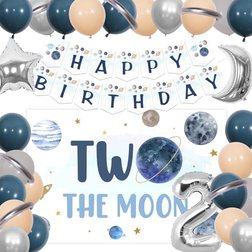 JOYMEMO Zwei der Mond Geburtstag Dekorationen Jungen, Marineblau Outer Space Themed 2nd Backdrop Banner Kit mit Mond Stern Planet Folie Ballons für Baby 2nd Solar System Geburtstag Party Supplies von JOYMEMO