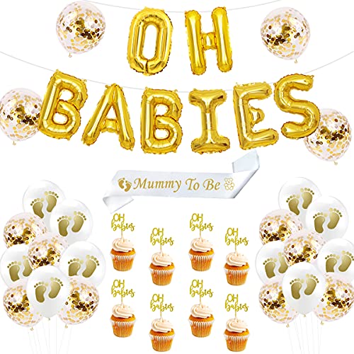 JOYMEMO Zwillinge Baby Dusche Dekoration Set Gold mit Oh Babys Ballon Banner Cake Topper für Jungen oder Mädchen von Sursurprise