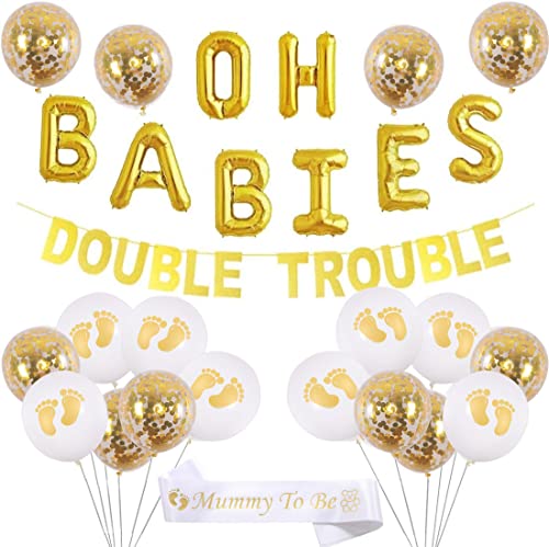JOYMEMO Zwillinge Babyparty Dekorationen Set Gold Thema, Double Trouble Banner, OH Babys Luftballons, Mumie Schärpe für Babys Partyzubehör von JOYMEMO