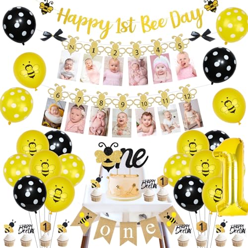 JOYMEMO erste Biene Tag Dekorationen, glückliche 1. Honig Biene Party Dekorationen, Biene Thema Banner Ballons, ein Foto Banner, Hummel-Kuchen-Dekor, 1st Birthday Party Supplies von JOYMEMO