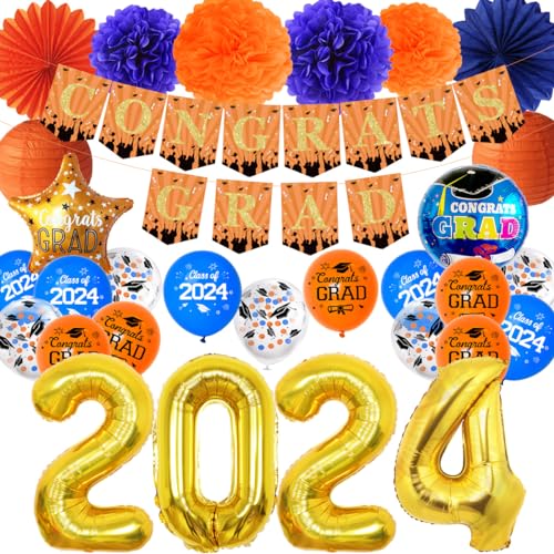 JOYOMEMO 2024 Graduation Dekorationen Orange Blau Congrats Grad Banner 2024 Goldfolie Zahlenballons Papierfächer Laternen Pom Poms Blumen für Klasse 2024 Grad Party Supplies von JOYMEMO
