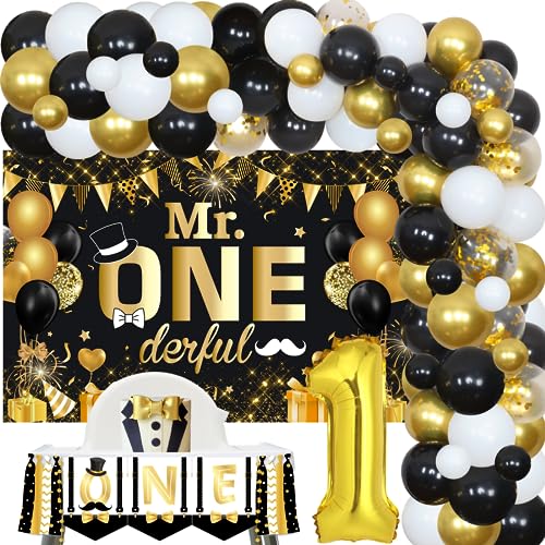 Mr Onederful 1st Birthday Decorations for Boys, Black and Gold Balloon Garland Arch Kit, Mr Onederful 1st Birthday Backdrop with One High Chair Banner, Baby Boy First Birthday Party Supplies von JOYMEMO