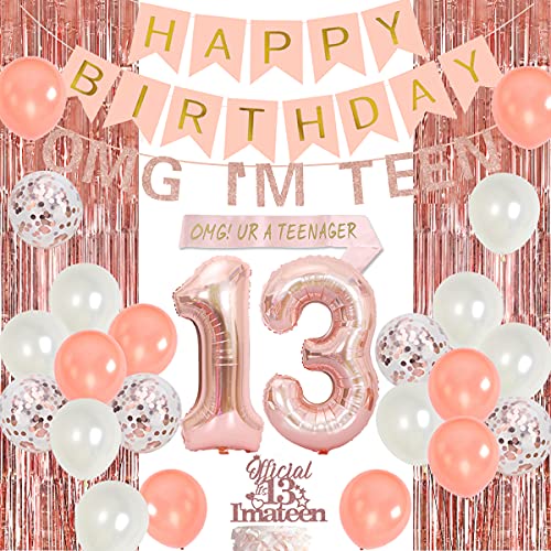 13. Geburtstag deko Roségold für Mädchen, Offizielle Teenager Geburtstag Dekorationen, Offiziellen Teenager Happy Birthday Banner Schärpe Nummer 13 Folienballons von JOYMEMO