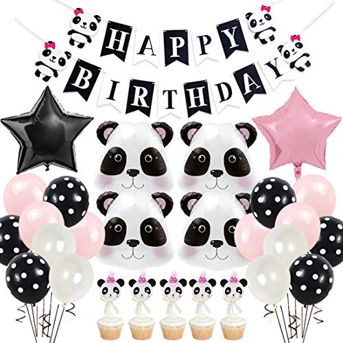Panda Birthday Party Supplies für Mädchen, Panda Head Folienballons Cake Topper Pink Happy Birthday Banner für Baby Shower Geburtstag Dekorationen von JOYMEMO