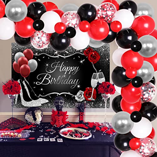 JOYMEMO Rot Schwarz und Silber Party Dekorationen für Frauen Geburtstagsfeier Lieferungen Rot Schwarz und Silber Ballon Girlande Glitter Alles Gute zum Geburtstag High Heels Champagner von JOYMEMO