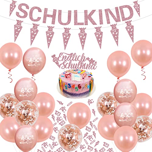 JOYMEMO Schulkind Deko, Schuleinführung Deko Set für Mädchen, Roségold Einschulung Luftballons, SCHULKIND Banner, Zuckertüten Girlande, Endlich Schulkind Kuchen Topper und Konfetti von JOYMEMO