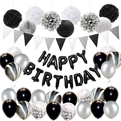 JOYMEMO Schwarz Silber Geburtstagsdeko Männer Frauen - Schwarz Weiß Konfetti Marmor Ballons Set, Happy Birthday Banner, Papier Poms für 18. 21. 30. Geburtstag Party Supplies JOYMEMO Schwarz Silber Geburtstagsdeko Männer Frauen - Schwarz Weiß Konfetti Marmor Ballons Set, Happy Birthday Banner, Papier Poms für 18. 21. 30. Geburtstag Party Supplies von JOYMEMO