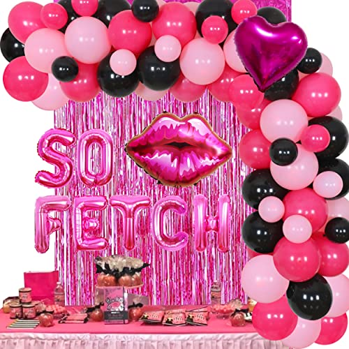 So Fetch Mean Girls Party Dekorationen - Luftballons Girlande Arch Kit mit Hot Pink Lip Ballon, Herz Folienballon, Lametta Vorhang, Mean Girls Thema Geburtstag Bachelorette Party Supplies von JOYMEMO