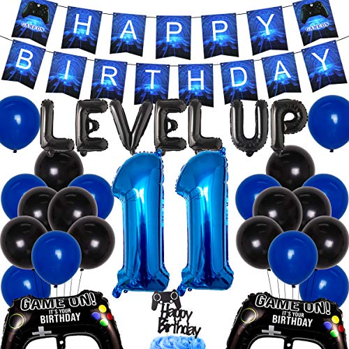 JOYMEMO Videospiel 11. Geburtstag Dekorationen für Jungen - Level up Party Supplies Alles Gute zum Geburtstag Gaming Banner Kuchen Topper Game Controller Ballons für Videospiel-Themenparty von JOYMEMO