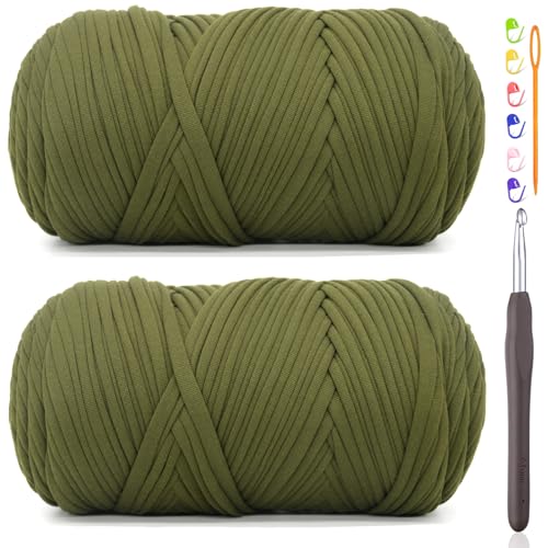 2 x 400 g T-Shirt-Garn zum Häkeln, Armeegrün, T-Shirt, grob, elastischer Stoff, dickes T-Shirt-Häkelgarn für Anfänger, Häkeln, Handstricktasche/Korb/Untersetzer/Basteln/Heimdekoration 2 x 400 g T-Shirt-Garn zum Häkeln, Armeegrün, T-Shirt, grob, elastischer Stoff, dickes T-Shirt-Häkelgarn für Anfänger, Häkeln, Handstricktasche/Korb/Untersetzer/Basteln/Heimdekoration von JOYTAG
