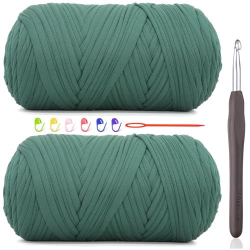 2 x 400 g T-Shirt-Garn zum Häkeln, dunkelgrünes T-Shirt, grob, elastischer Stoff, dickes T-Shirt-Häkelgarn für Anfänger, Häkeln, Handstricktasche/Korb/Untersetzer/Basteln/Heimdekoration von JOYTAG