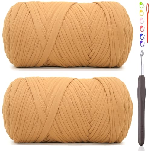 2 x 400 g T-Shirt-Garn zum Häkeln, karamellbraunes T-Shirt, grob, elastischer Stoff, dickes T-Shirt-Häkelgarn für Anfänger, Häkeln, Handstricktasche/Korb/Untersetzer/Basteln/Heimdekoration von JOYTAG