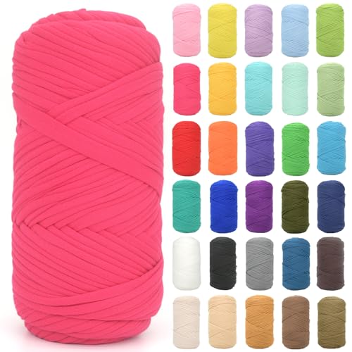 T-Shirt-Garn zum Häkeln, Hot Pink, T-Shirt, grob, elastischer Stoff, dickes T-Shirt-Häkelgarn für Anfänger, Häkeln, Handstricken, Tasche/Korb/Untersetzer/Basteln/Heimdekoration, 200 g (Hot Pink) von JOYTAG