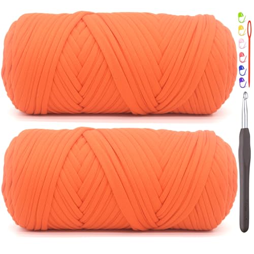 T-Shirt-Garn zum Häkeln, orangefarbenes T-Shirt, grob, elastischer Stoff, dickes T-Shirt-Häkelgarn für Anfänger, Häkeln, Handstricken, Tasche/Korb/Untersetzer/Basteln/Heimdekoration, 2 x 200 g (orange T-Shirt-Garn zum Häkeln, orangefarbenes T-Shirt, grob, elastischer Stoff, dickes T-Shirt-Häkelgarn für Anfänger, Häkeln, Handstricken, Tasche/Korb/Untersetzer/Basteln/Heimdekoration, 2 x 200 g (orange von JOYTAG