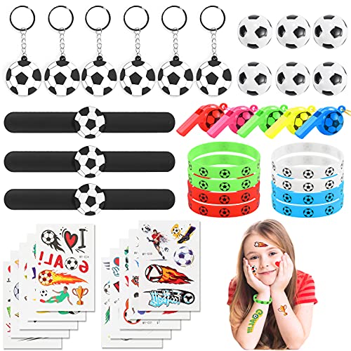 JOYUE 38 PCS Fussball Party Mitgebsel, Fußball Flummis, Fußballarmband, Schlüsselanhänger, Trillerpfeife, Schnapparmband, Tattoos, Pinata Füllung, Fußball Set for Kindergeburtstag Gastgeschenk von JOYUE