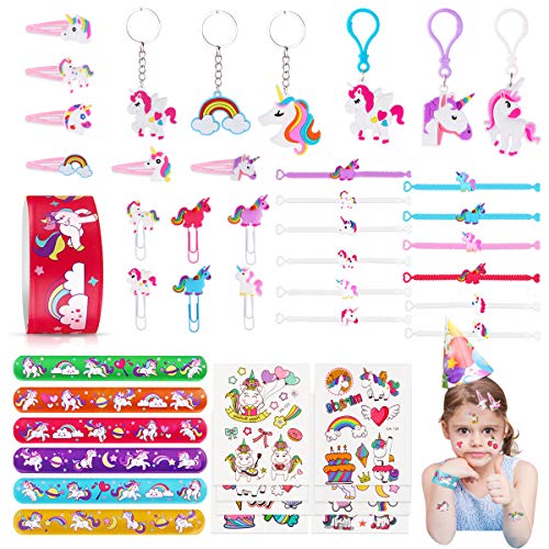 JOYUE 50 PCS Einhorn Mitgebsel Set, Einhorn Party Dekoration, Kindergeburtstag Gastgeschenke Enthalten Einhorn Armbänder, Schlüsselanhänger, Tätowierungen, Haarspangen, Lesezeichen, Slap Armbänder von JOYUE