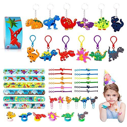 JOYUE Dinosaurier Party Mitgebsel, 50 Stück Dinosaurier Spielzeug Kindergeburtstag Gastgeschenke Enthalten Dinosaurier Armbänder Schlüsselanhänger Tätowierungen Lesezeichen Ring Slap Armbänder von JOYUE