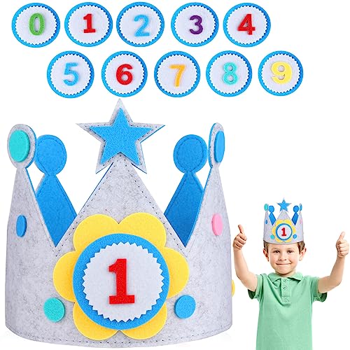 JOYUE Geburtstagskrone für Kinder, Geburtstagskrone aus Stoff mit Auswechselbaren Zahlen von 0-9, Unisex Krone für Kinder Geburtstag Party Supplies (Enthält 2 Stück Cake Topper Deko) (Blau) von JOYUE