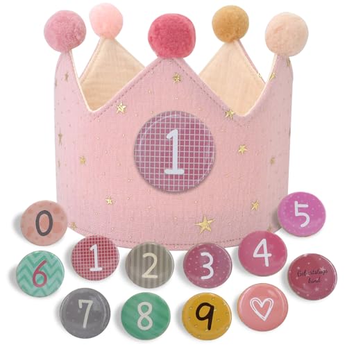 JOYUE Geburtstagskrone für Kinder, Geburtstagskrone Musselin mit Auswechselbaren Zahlen von 0-9, Wendbare Krone Kindergeburtstag für Jungen & Mädchen Geburtstag Party Supplies (Rosa) von JOYUE