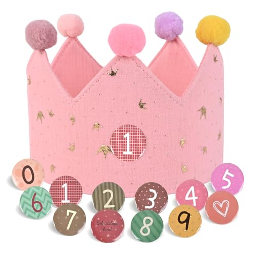 JOYUE Geburtstagskrone für Kinder, Geburtstagskrone aus Stoff mit Klett-Buttons Auswechselbaren Zahlen von 0-9, Unisex Krone für Kinder Geburtstag Party Supplies (Rosa2) von JOYUE