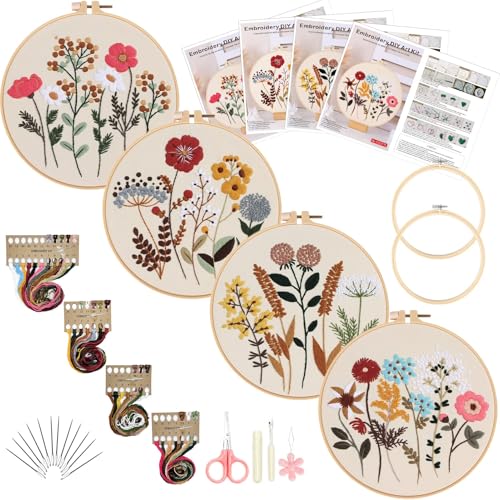 JOYVOVO 4 Stck. Stickset für Anfänger, Blumenmuster Pflanzen Stickset für Starter Embroidery Kit Stickerei Set, Sticken Kunsthandwerk, Kreuzstich Set mit Stickrahmen Farbfäden und Werkzeuge von JOYVOVO