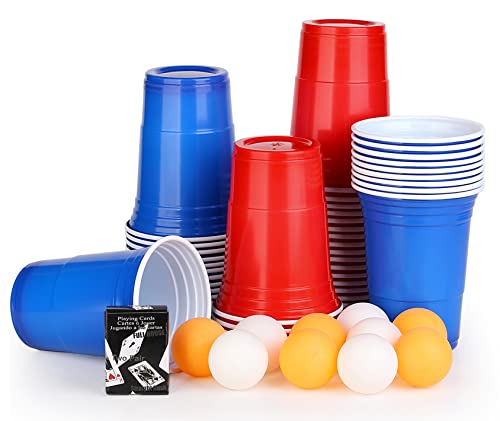 JOYZYAIYY Beer Pong Becher Set,Bierpong Becher,50 Beerpong Becher +10 Bällen,473ml Beerpongbecher mit Bällen,Partybecher 25 Rot + 25 Blau 16.6oZ Cups,mehrwegbecher Für Party Trinkspiele Game - Groß von JOYZYAIYY