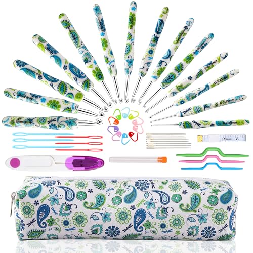 Häkelnadeln Set, 14 Größen 2.25mm(B)-10mm(N) Ergonomischer Griff für arthritische Hände, weicher Gummigriff Stricknadelset für Häkelanfänger, Strickbegeisterte (Grün) von JOZEA