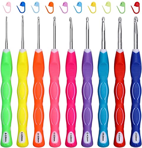 JOZEA Häkelnadeln, 9 Stück Ergonomische Häkelnadel Set mit Weicher Griff, 2,0mm-6,0mm Häkelnadeln mit Rutschfeste Daumenstreifen, für Häkelanfänger JOZEA Häkelnadeln, 9 Stück Ergonomische Häkelnadel Set mit Weicher Griff, 2,0mm-6,0mm Häkelnadeln mit Rutschfeste Daumenstreifen, für Häkelanfänger von JOZEA