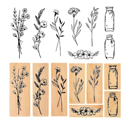 JOZMMZEOOA 8 Stücke Holzstempel,Pflanze Mustern Stempelset Gummi Prägestempel Bastelstempel Vintage Blume Holz Tagebuch Stempel,für Kartenbasteln Scrapbooking Bullet Journal Geschenkverpackung von JOZMMZEOOA