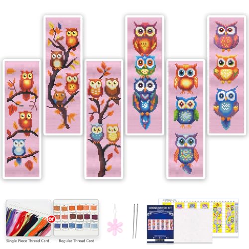 6-teiliges Kreuzstich-Lesezeichen-Set mit Eulenmustern, DIY-Stickset mit Stempel, DIY-Lesezeichen, gestempelte Stick-Lesezeichen für Erwachsene mit Anleitung, Tier-Lesezeichen-Set für Buchliebhaber von JOZYSH