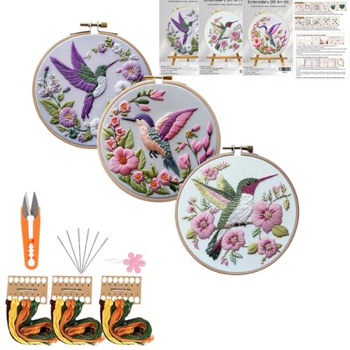 JOZYSH 3 Sticksets für Anfänger, Kreuzstichset mit Kolibri und Blume, inklusive Stickrahmen und Fäden für Bastelfreunde, Handstich mit Sticktechniken, Stoffhandwerk JOZYSH 3 Sticksets für Anfänger, Kreuzstichset mit Kolibri und Blume, inklusive Stickrahmen und Fäden für Bastelfreunde, Handstich mit Sticktechniken, Stoffhandwerk von JOZYSH