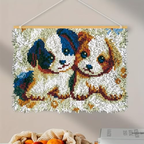 JOZYSH Knüpfhaken-Set mit niedlichem Hund für Erwachsene, zum Selbermachen, Tierteppichherstellung, Handwerk, Kreuzstich, Kissen, Häkelgarn, Set, farbig bedruckte Leinwand für Heimdekoration, Festival von JOZYSH