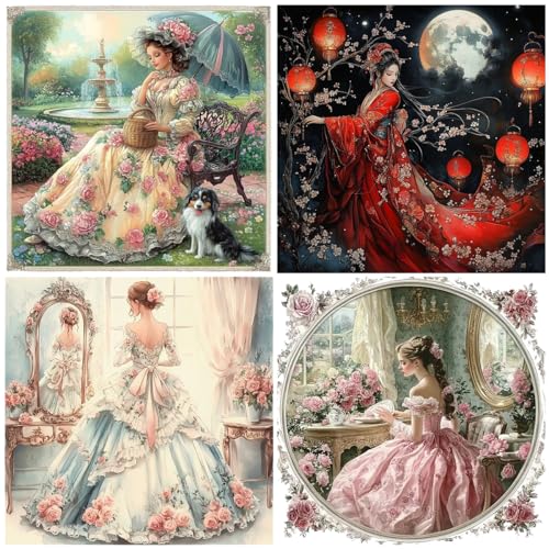 JOZYSH Kreuzstich-Sets mit Stempeln für Erwachsene, 4er-Pack, elegantes Damenmuster, 11CT, bedruckte Kreuzstich-Sets für Anfänger, vorgestempelt, einfache Nadelspitzen-Sets, Basteln zur Dekoration von JOZYSH