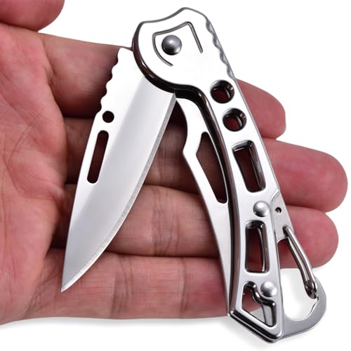 JPCRMOV Klappmesser (Zweihandmesser) mit Karabiner Clip, Klein Taschenmesser für Outdoor & Survival - Klein Messer EDC Vollständig aus Stahl leicht und kompakt - Gewicht 50g (Silber) von JPCRMOV