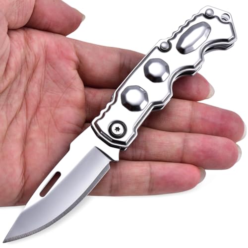 JPCRMOV Klappmesser kleine Taschenmesser leicht und kompakt, Zweihandmesser Edelstahl in Naturfarbe, Tragbar Outdoor Survival Messer nur 64g (Silbrig) von JPCRMOV