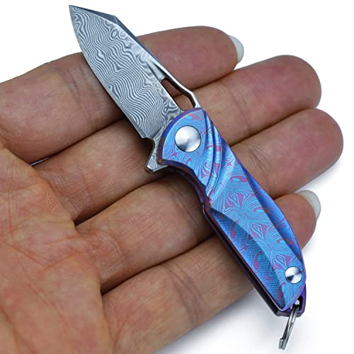 JPCRMOV Mini Klappmesser Damast Taschenmesser Outdoor Messer Schlüsselanhänger Tc4, klein Survival Messer Neck Knife EDC Camping (Blau) von JPCRMOV
