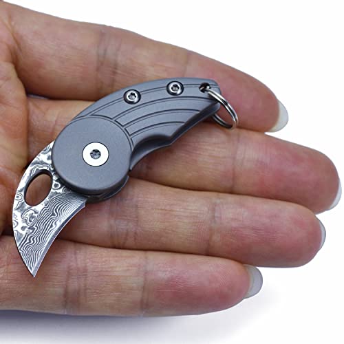 JPCRMOV Mini Klappmesser Damast Messer Outdoor Tc4 Titangriff, klein Taschenmesser Schlüsselanhänger Messer EDC (Damast Stahl) von JPCRMOV